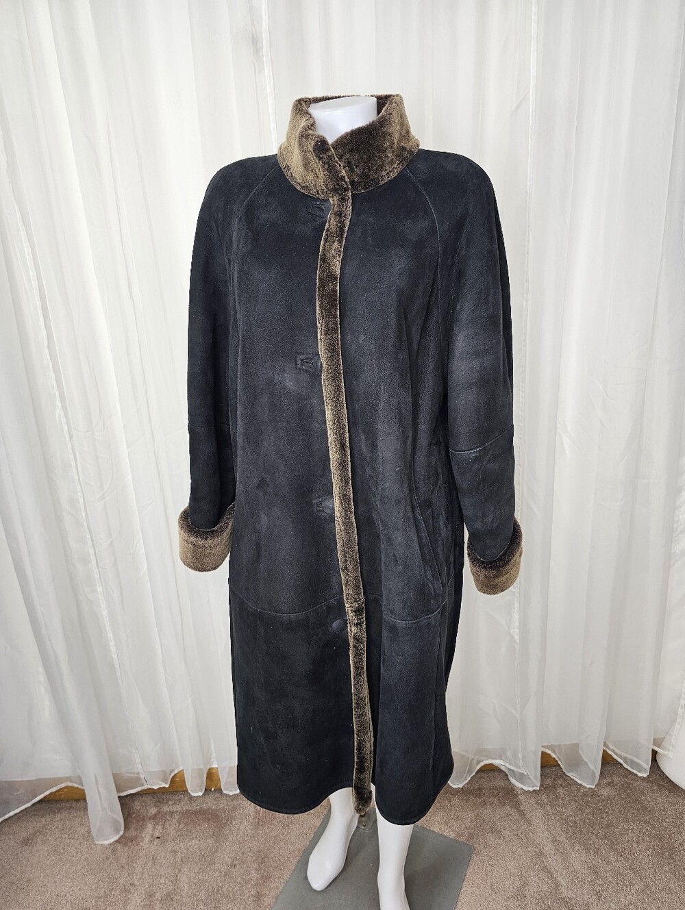 Clifford Michael Luxury Black Suede Lambskin Shearling Fur Trim Long Coat XL